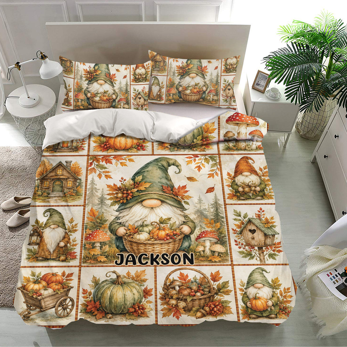 Gnome bedding set in a bright bedroom featuring harvest pumpkins, rustic cottages, mushrooms, and warm fall colors