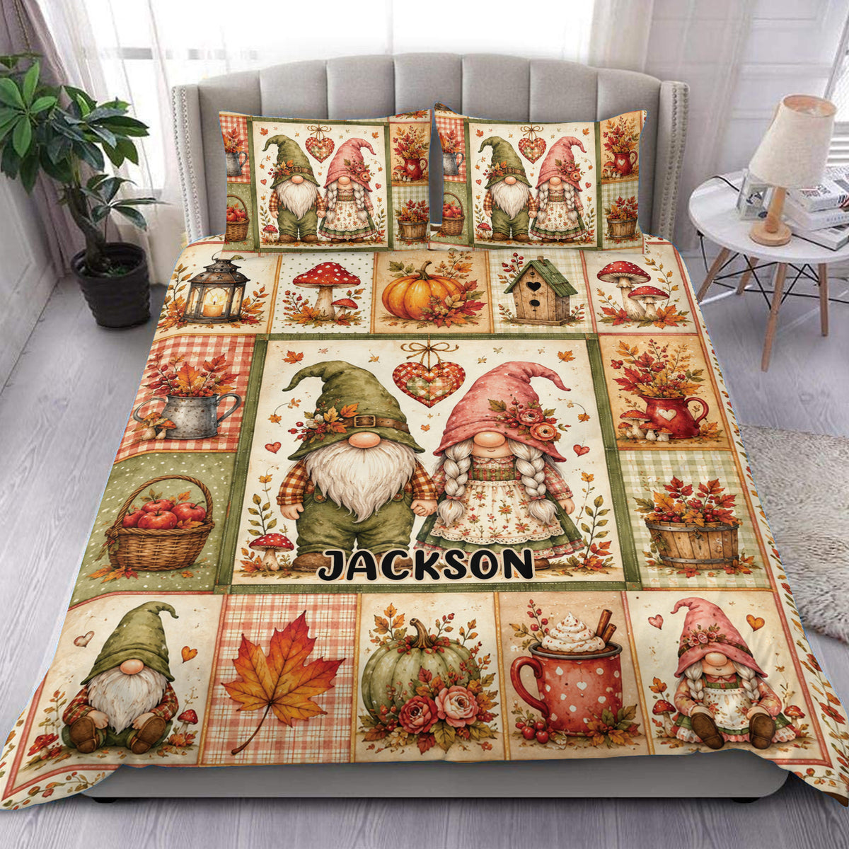 Gnome duvet cover set displayed on a bed with fall harvest artwork, pumpkins, mushrooms, leaves, and rustic accents