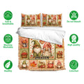 Fall gnome duvet cover bedding set with matching pillowcases shown in a product presentation with care icons
