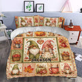 Rustic fall gnome duvet cover set styled in a bedroom with harvest artwork, pumpkins, leaves, and woodland details