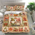 Gnome bedding set arranged in a bright bedroom with matching pillowcases and detailed autumn harvest artwork
