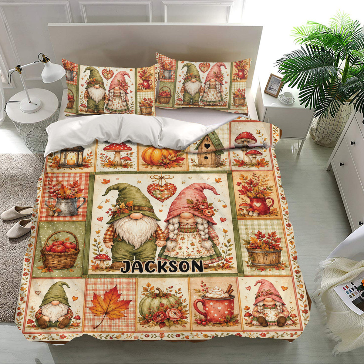 Gnome bedding set arranged in a bright bedroom with matching pillowcases and detailed autumn harvest artwork