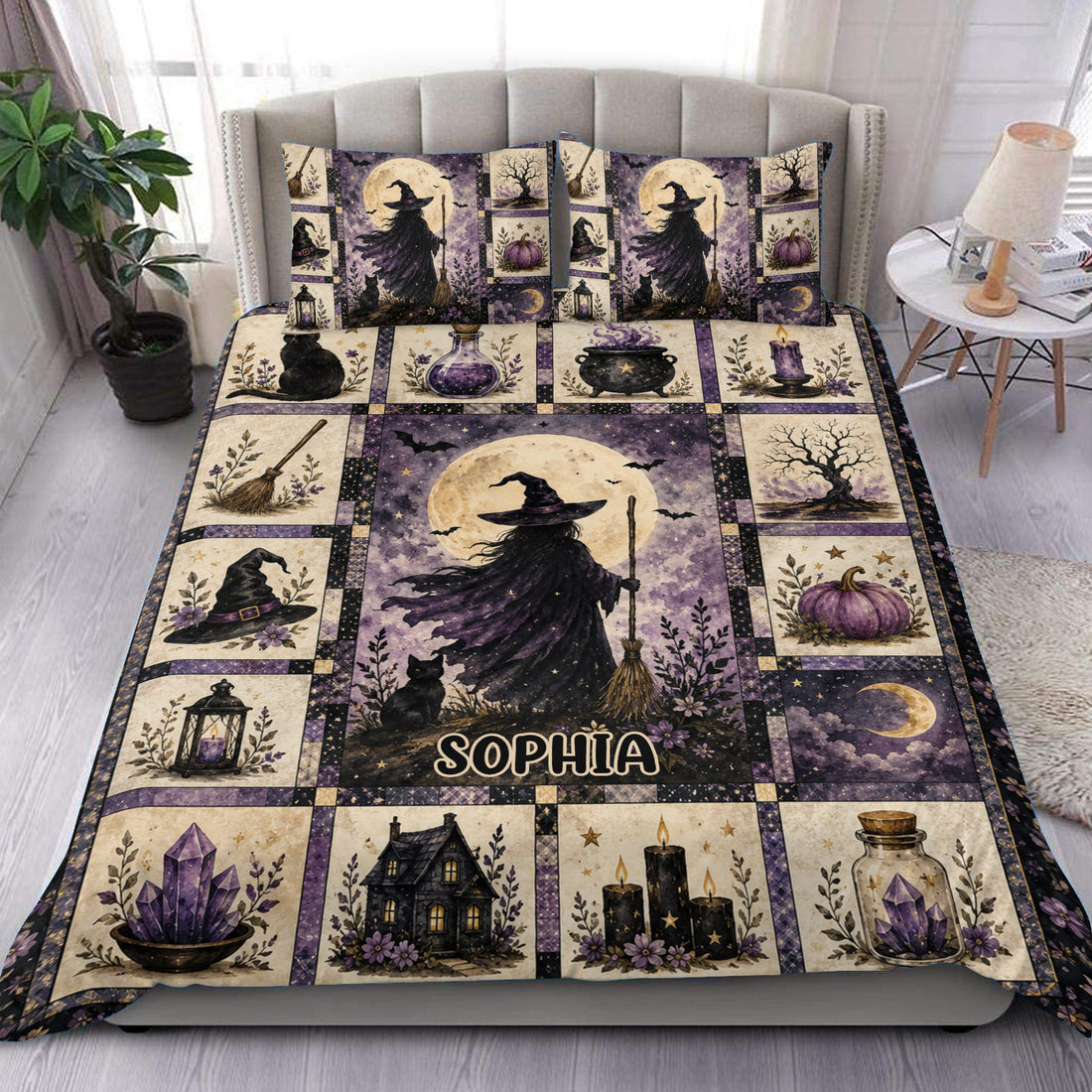 Witchcraft duvet cover set displayed on a bed with a moonlit witch, black cat, crystals and purple mystical artwork