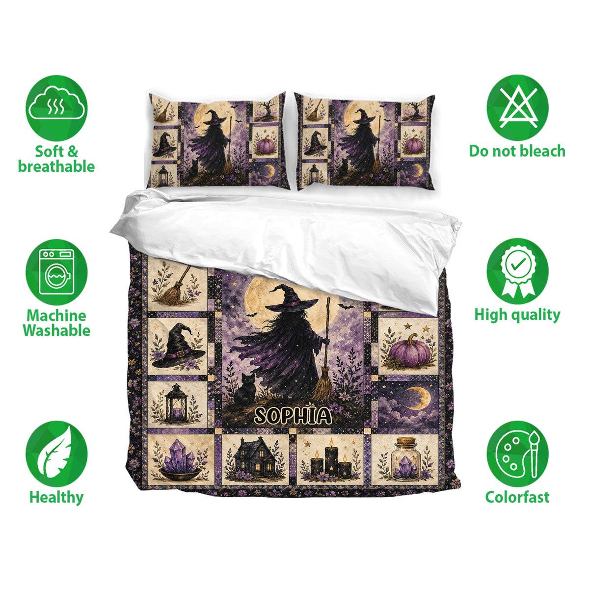Witchcraft bedding set with moon, witch, pumpkin and crystal artwork shown with soft breathable bedding features