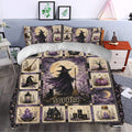 Witchcraft duvet cover bedding set styled in a bedroom with purple moon, witch, candle and crystal artwork