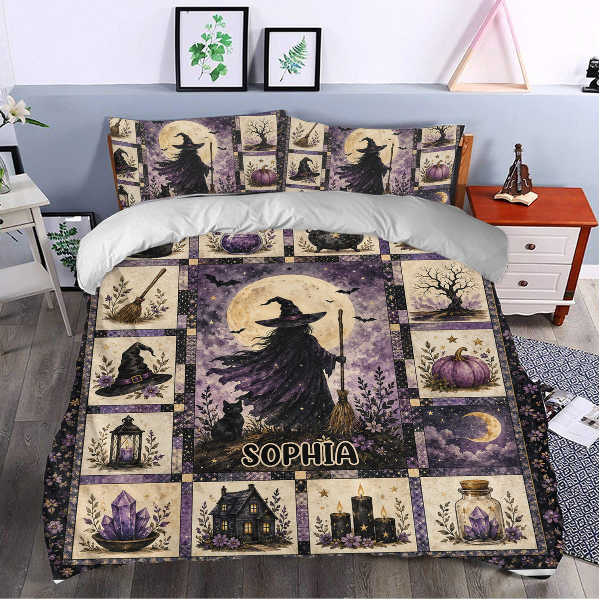 Witchcraft duvet cover bedding set styled in a bedroom with purple moon, witch, candle and crystal artwork