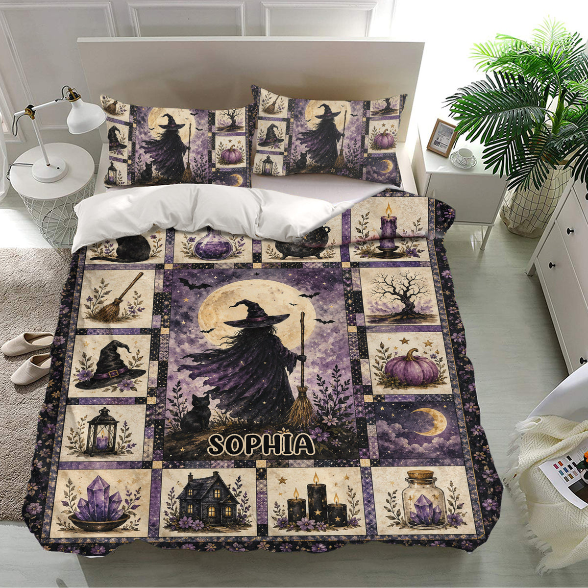 Witchcraft bedding set displayed in a bright bedroom with witch, black cat, cauldron, candles and crystal motifs