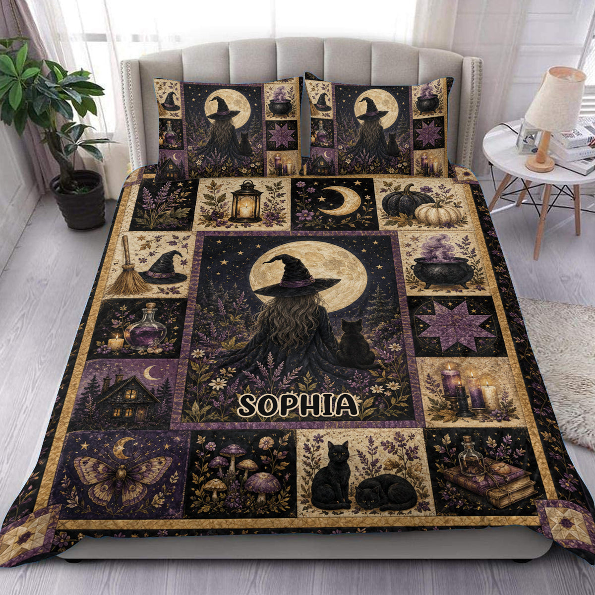 Witchcraft duvet cover set displayed on a bed with a witch, black cat, moon, candles, herbs, and potion motifs