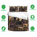 Witchcraft bedding set shown with matching pillowcases and a dark purple, black, and antique gold design