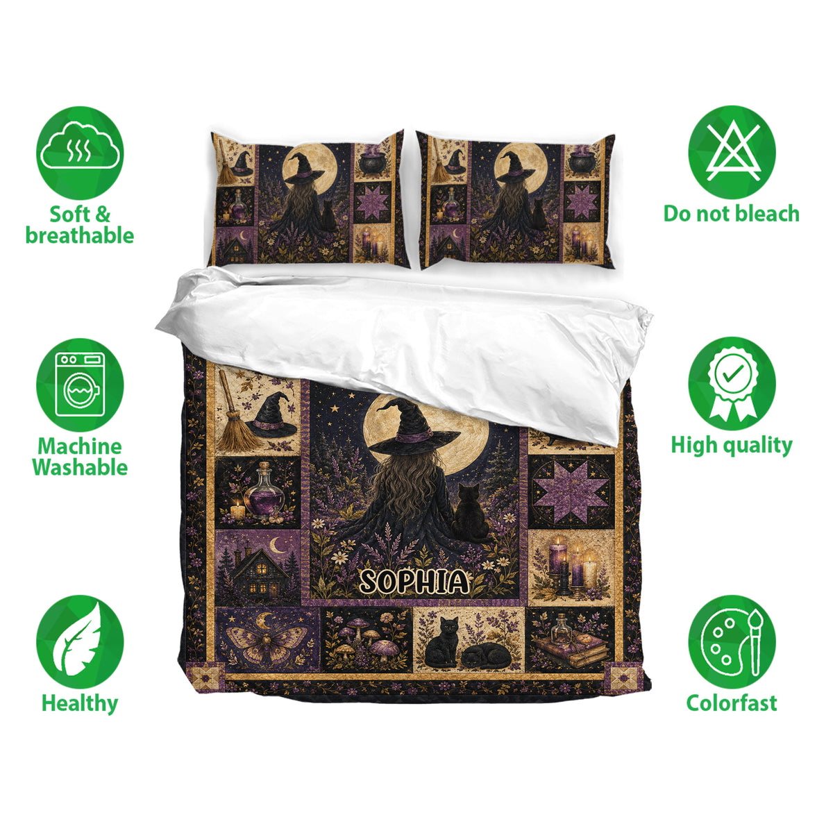 Witchcraft bedding set shown with matching pillowcases and a dark purple, black, and antique gold design