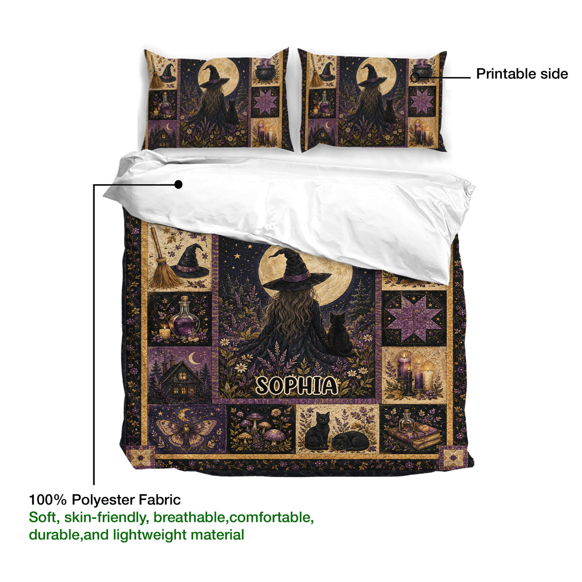 Witchcraft duvet cover bedding set with printable artwork featuring a witch, moon, cat, candles, and botanical details