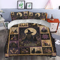 Witchcraft bedroom decor styled with a moonlit witch duvet cover, matching pillows, candles, cats, and potion imagery