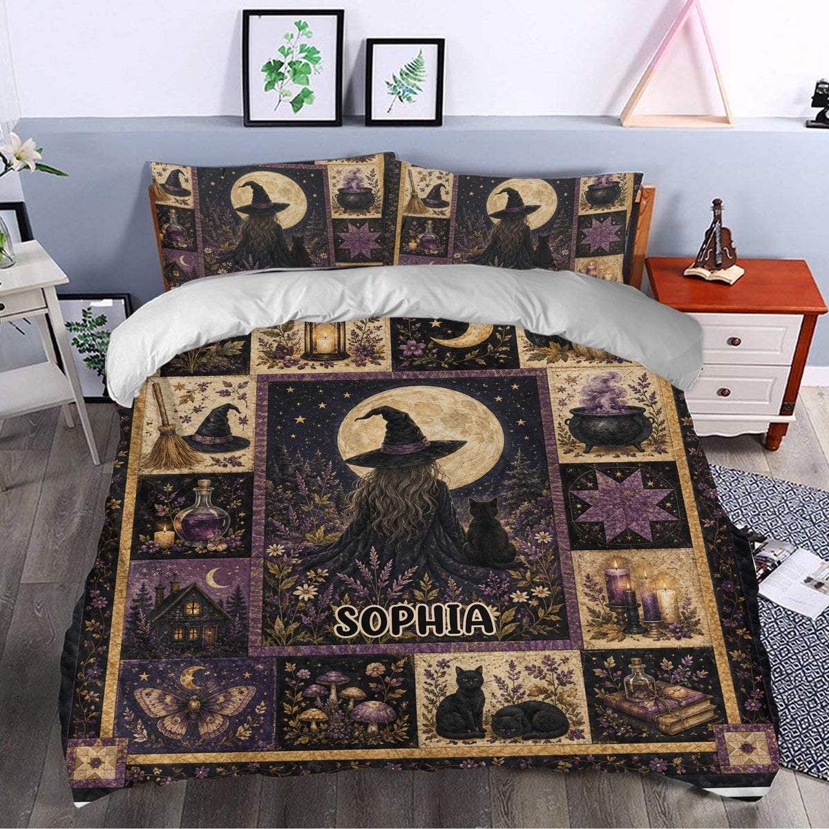 Witchcraft bedroom decor styled with a moonlit witch duvet cover, matching pillows, candles, cats, and potion imagery