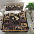 Witchcraft duvet cover set in a bright bedroom featuring a detailed gothic collage of witches, moons, cats, and herbs