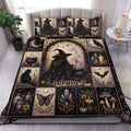 Witchcraft duvet cover bedding set displayed on a bed with spellcaster, cauldron, crystals, black cat and purple accents