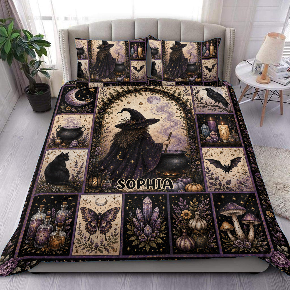 Witchcraft duvet cover bedding set displayed on a bed with spellcaster, cauldron, crystals, black cat and purple accents