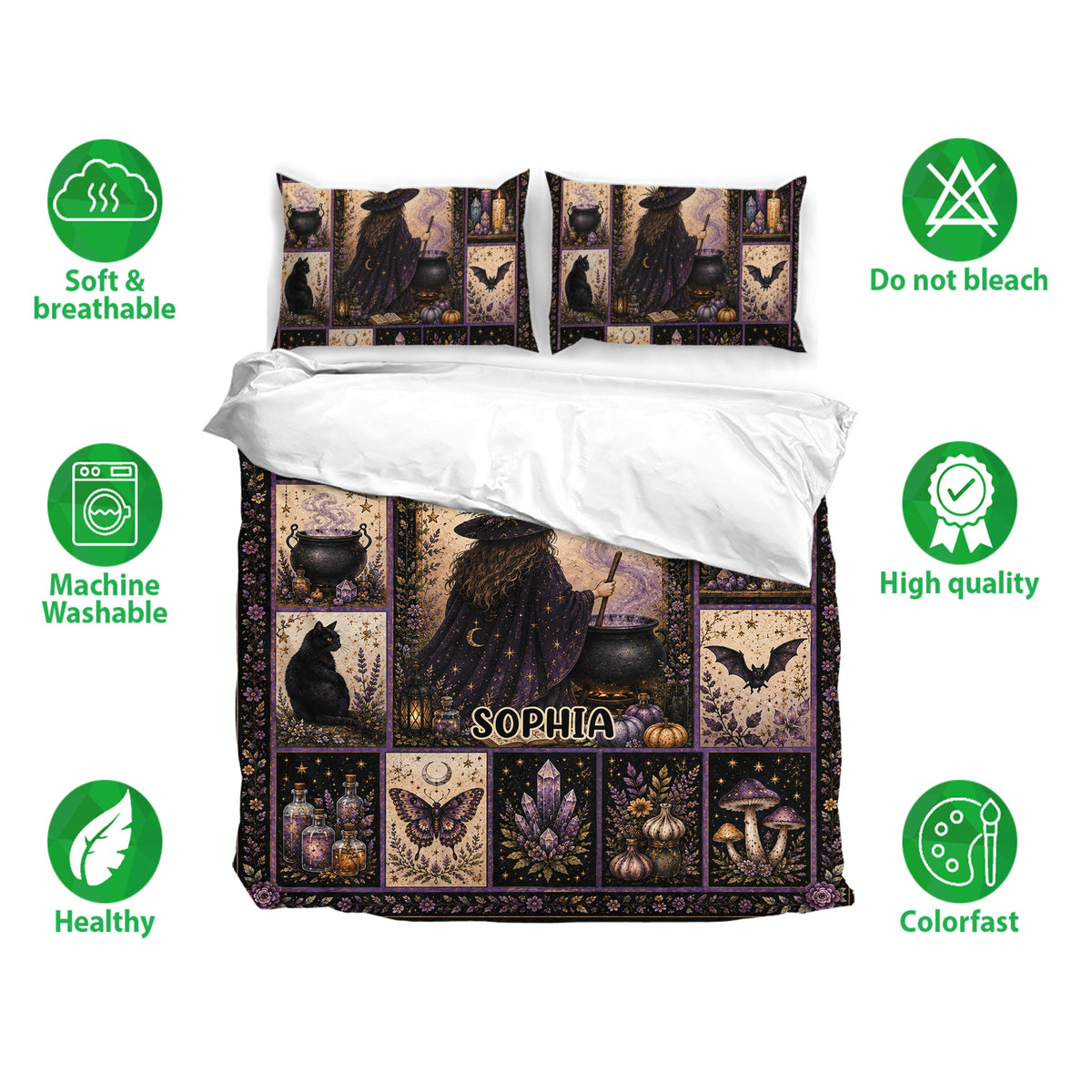 Witchcraft duvet cover set presentation with matching pillowcases, mystical artwork and soft breathable bedding features