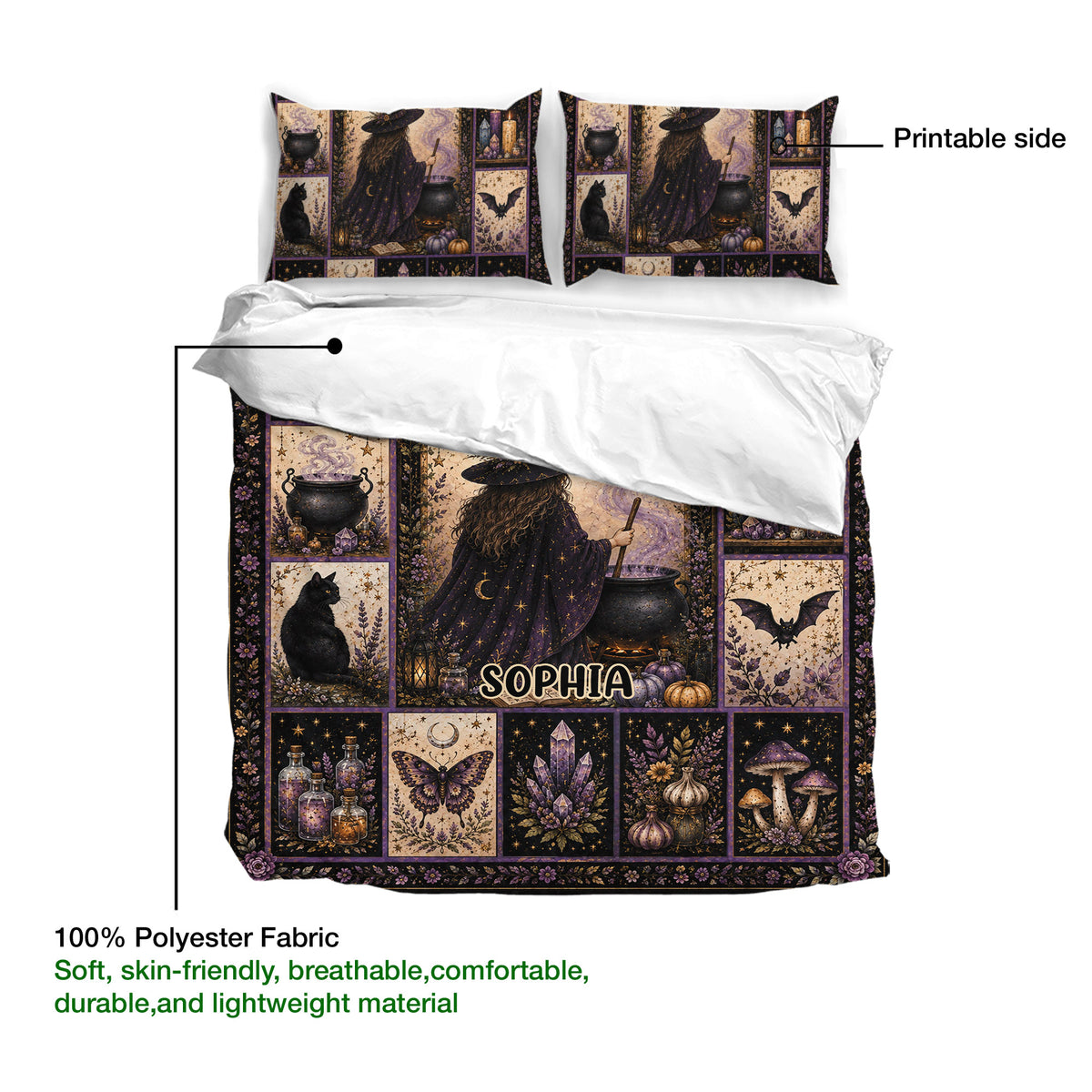 Witchcraft bedding set detail showing printed side, soft polyester fabric and mystical spellcaster artwork