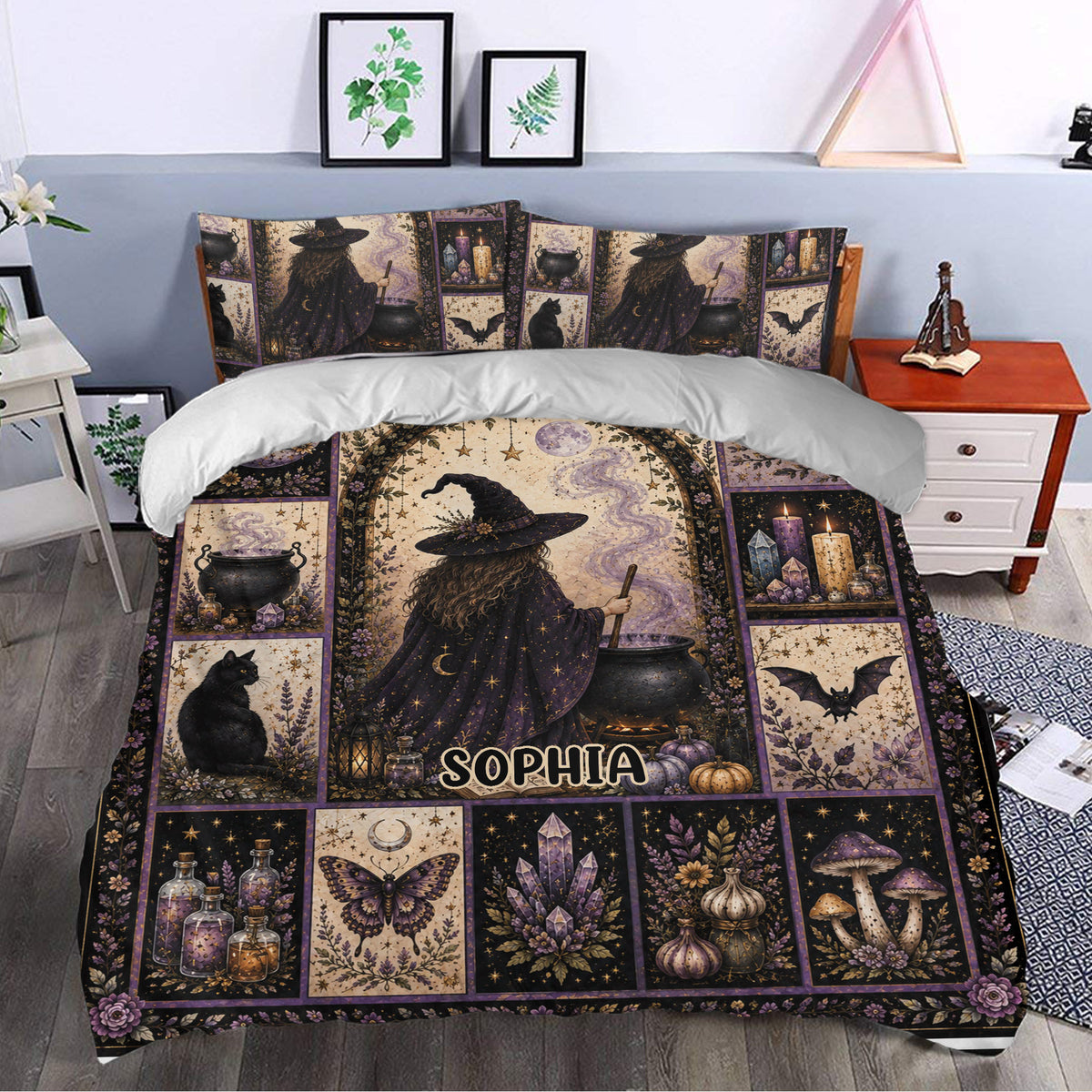 Mystical witchcraft duvet cover styled in a bedroom with cauldron, candles, crystals, bats and botanical motifs