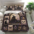 Witchcraft duvet cover bedding set in a bright bedroom featuring a spellcaster, black cat, raven, crystals and candles