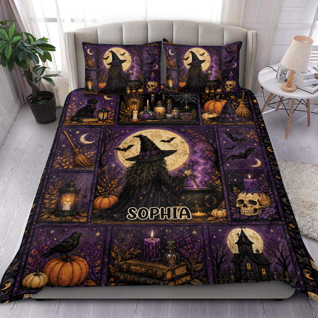 Witchcraft duvet cover set displayed on a bed with a purple gothic witch, moon, bats, candles and potions