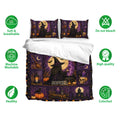 Witchcraft duvet cover bedding set shown with matching pillowcases, breathable fabric and vivid purple artwork