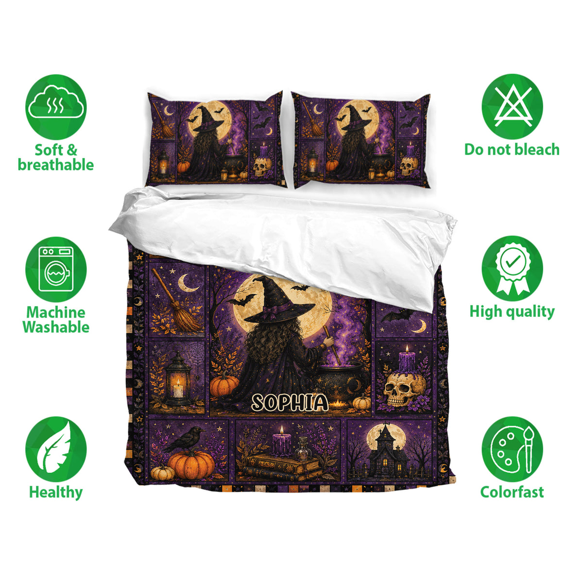 Witchcraft duvet cover bedding set shown with matching pillowcases, breathable fabric and vivid purple artwork