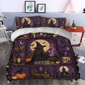 Witchcraft duvet cover bedding set styled in a bedroom with a moonlit witch, pumpkins and gothic accents