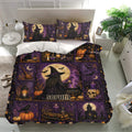 Purple witchcraft duvet cover set displayed in a bright bedroom with matching pillowcases and magical artwork