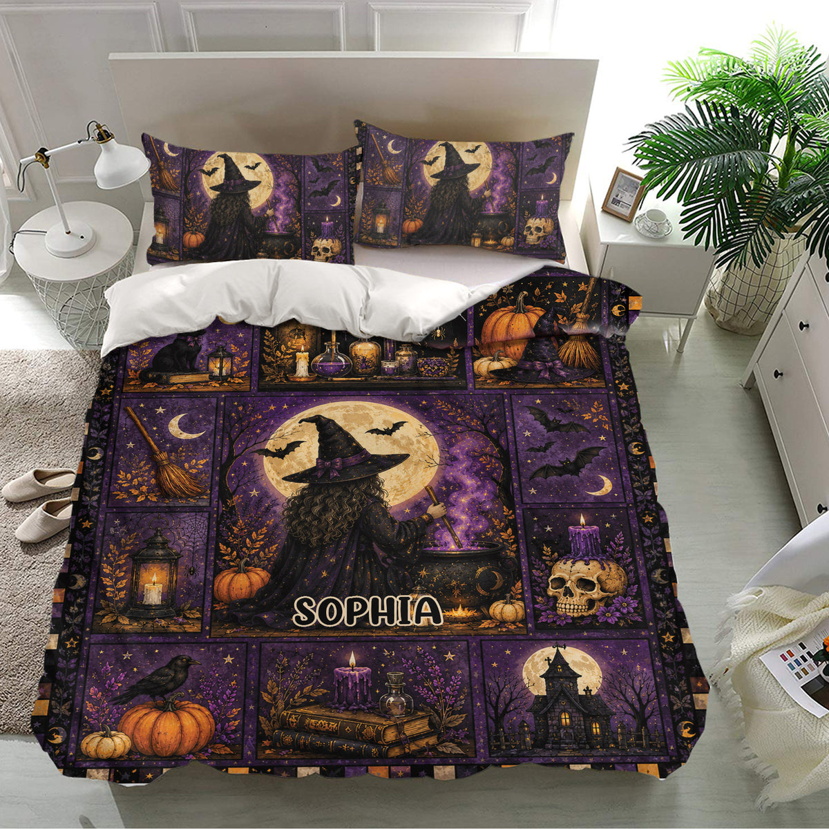 Purple witchcraft duvet cover set displayed in a bright bedroom with matching pillowcases and magical artwork