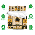 Bee bedding set shown with matching pillowcases and a honey garden design in gold, cream, and black