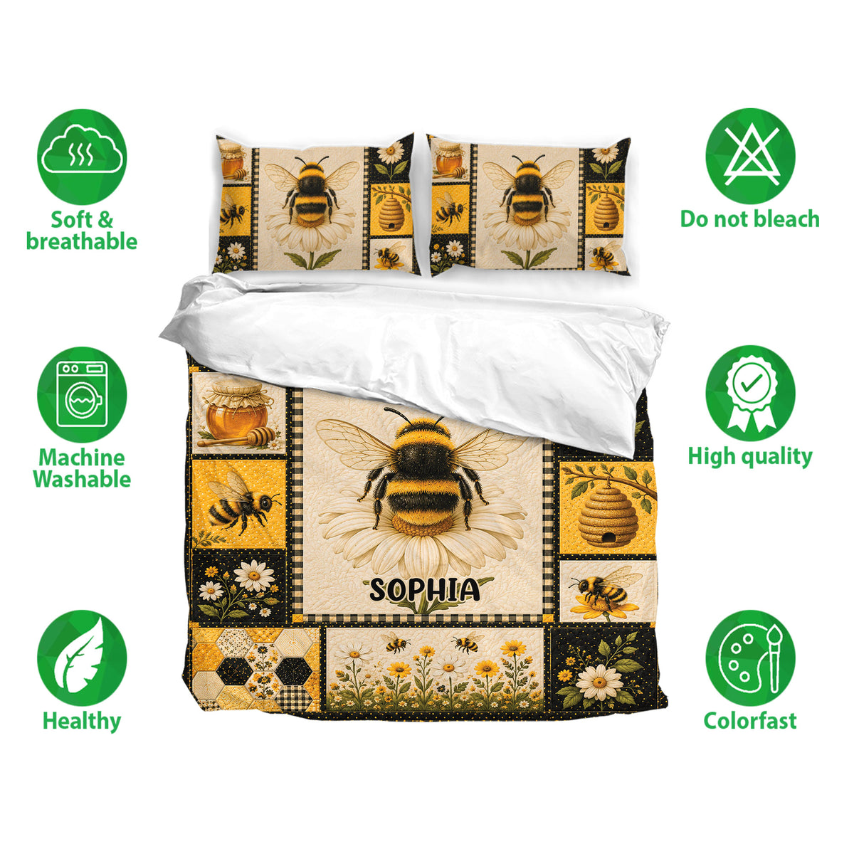 Bee bedding set shown with matching pillowcases and a honey garden design in gold, cream, and black