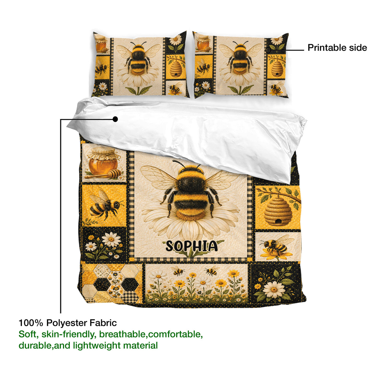 Bee duvet cover bedding set showing the printable design and soft polyester fabric details
