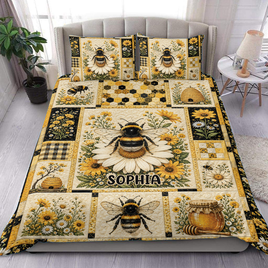 Bee duvet cover set with honeybees, daisies, wildflowers, honeycombs, and beehives in gold and black