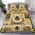 Bee duvet cover set with honeybees, daisies, wildflowers, honeycombs, and beehives in gold and black