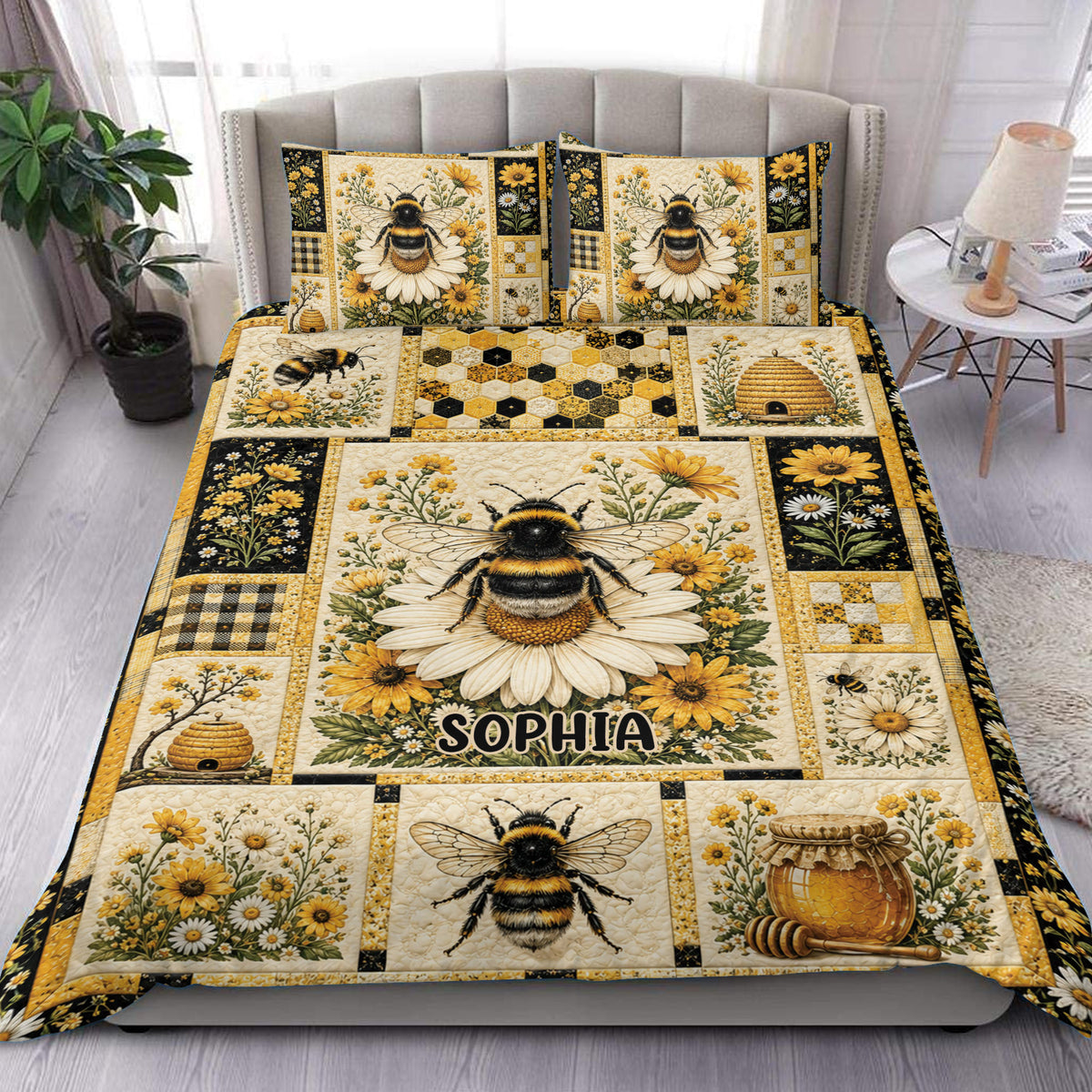 Bee duvet cover set with honeybees, daisies, wildflowers, honeycombs, and beehives in gold and black