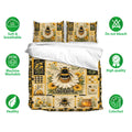 Bee bedding set displayed with matching pillowcases, floral artwork, breathable fabric, and care feature icons