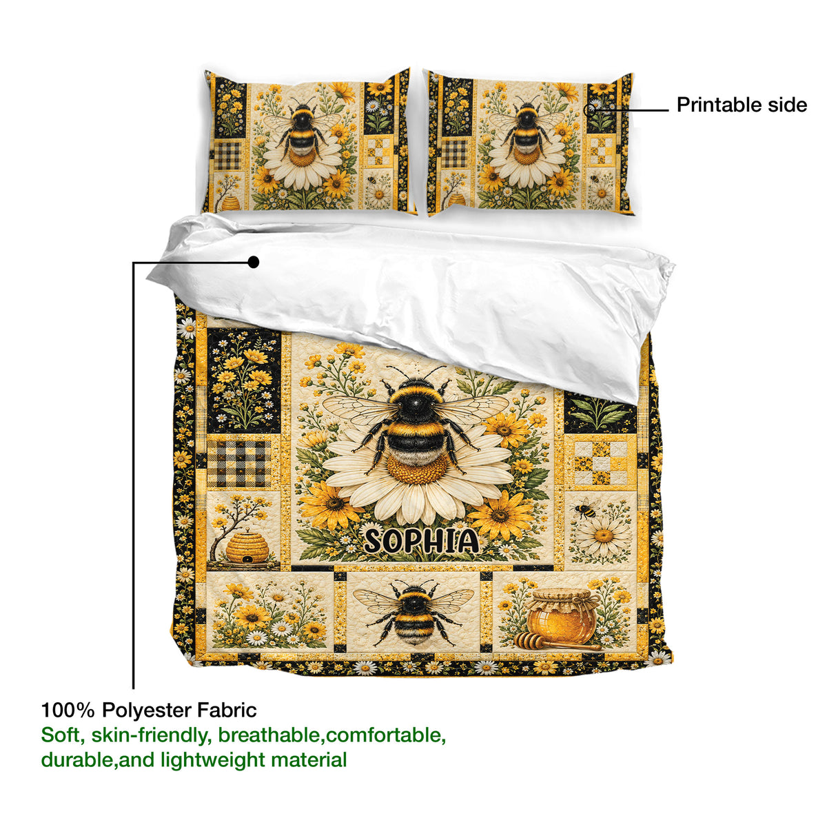 Bee duvet cover bedding set showing the printed side, floral honeybee artwork, and soft polyester fabric