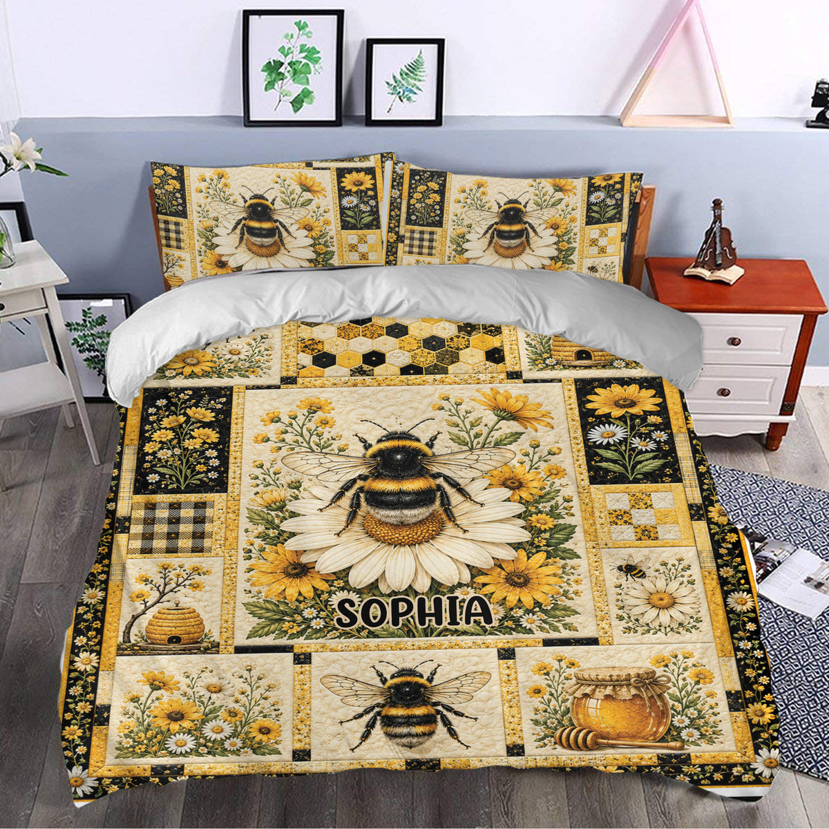 Bee duvet cover set styled in a bedroom with honeybees, daisies, sunflowers, beehives, and honeycomb details