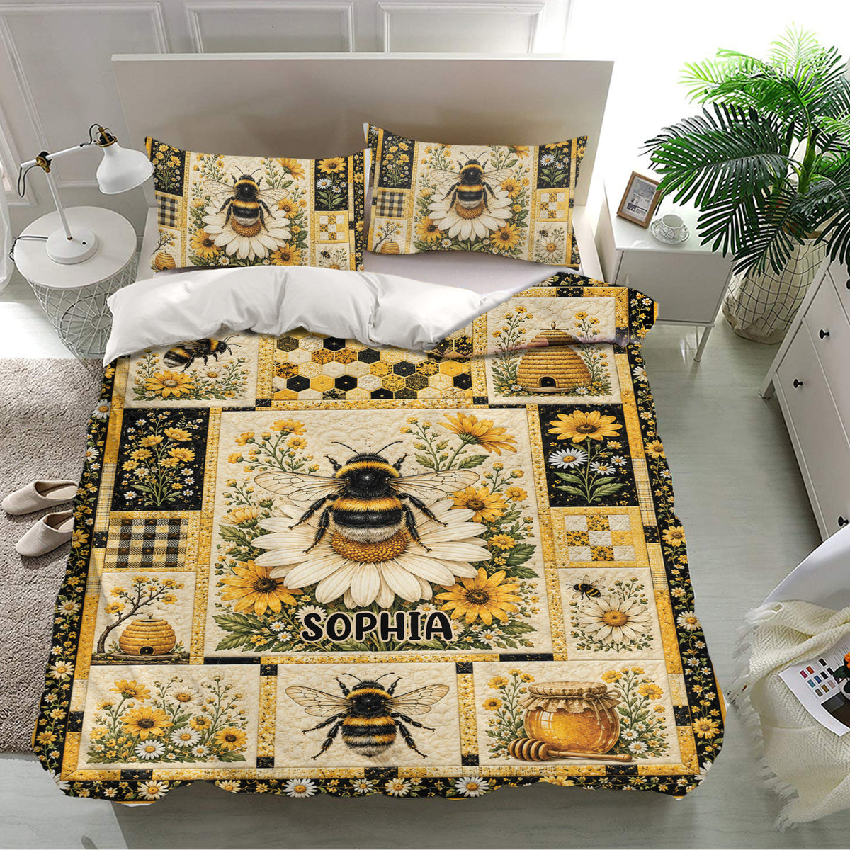 Bee bedding set in a bright bedroom featuring honeybee pillowcases, flowers, honey jars, and golden honeycomb patterns