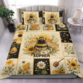 Bee duvet cover set with honeycomb, beehive, sunflower, daisy, and honey artwork styled in a bedroom