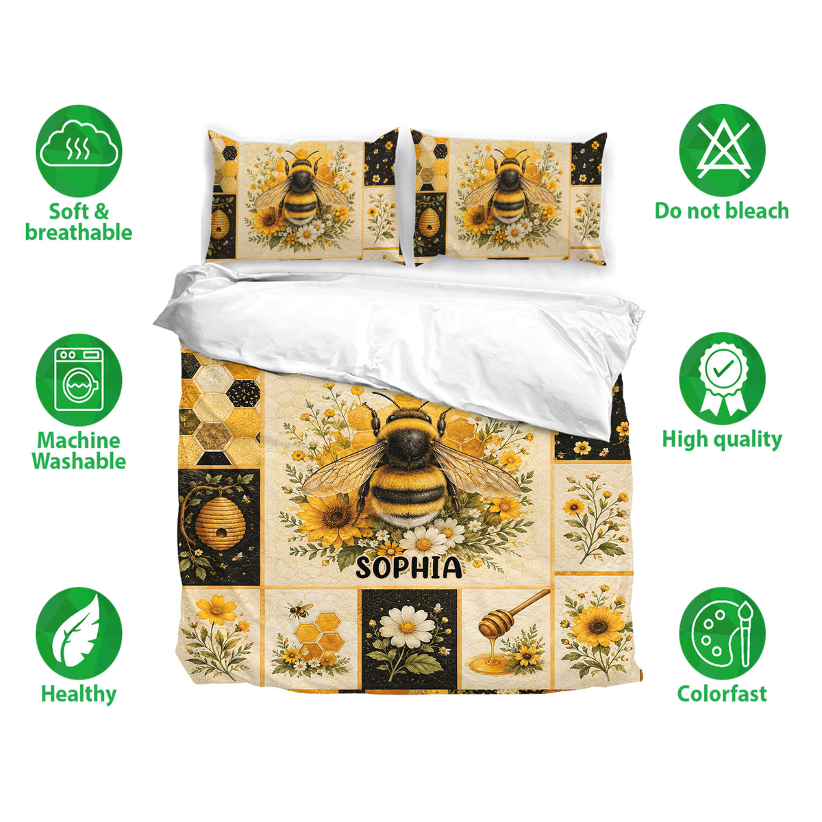 Bee bedding set displayed with matching pillowcases, honeycomb artwork, flowers, and a large bee centerpiece
