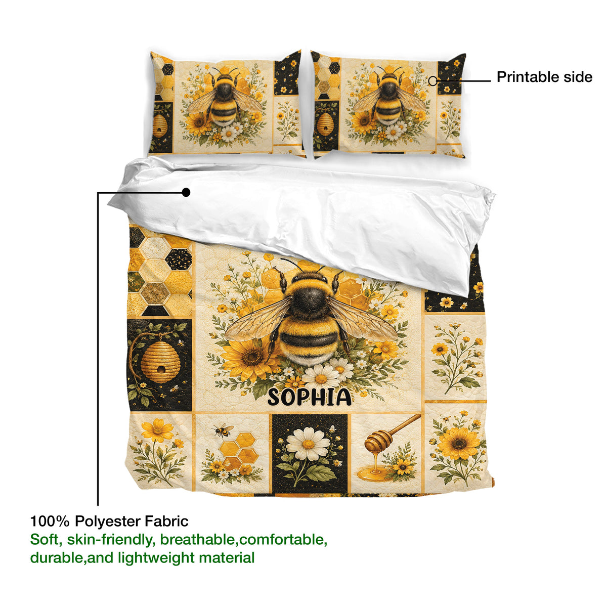 Bee duvet cover and pillowcases shown with printable artwork and soft polyester fabric details