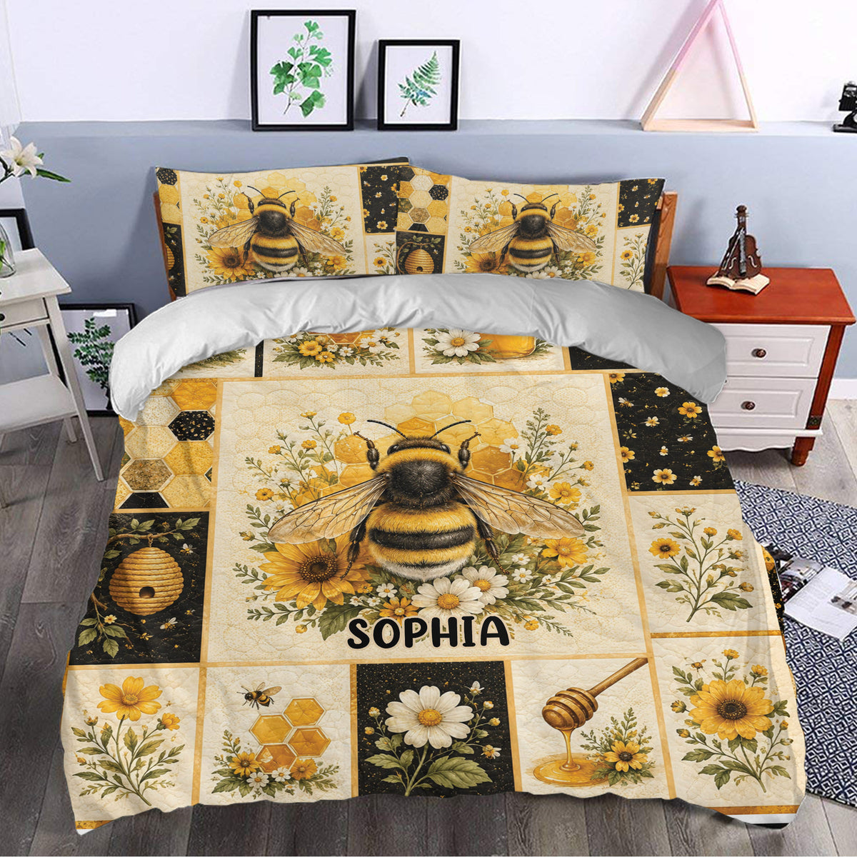 Bee duvet cover set styled in a bedroom with honeycomb panels, flowers, beehive, and honey dipper artwork