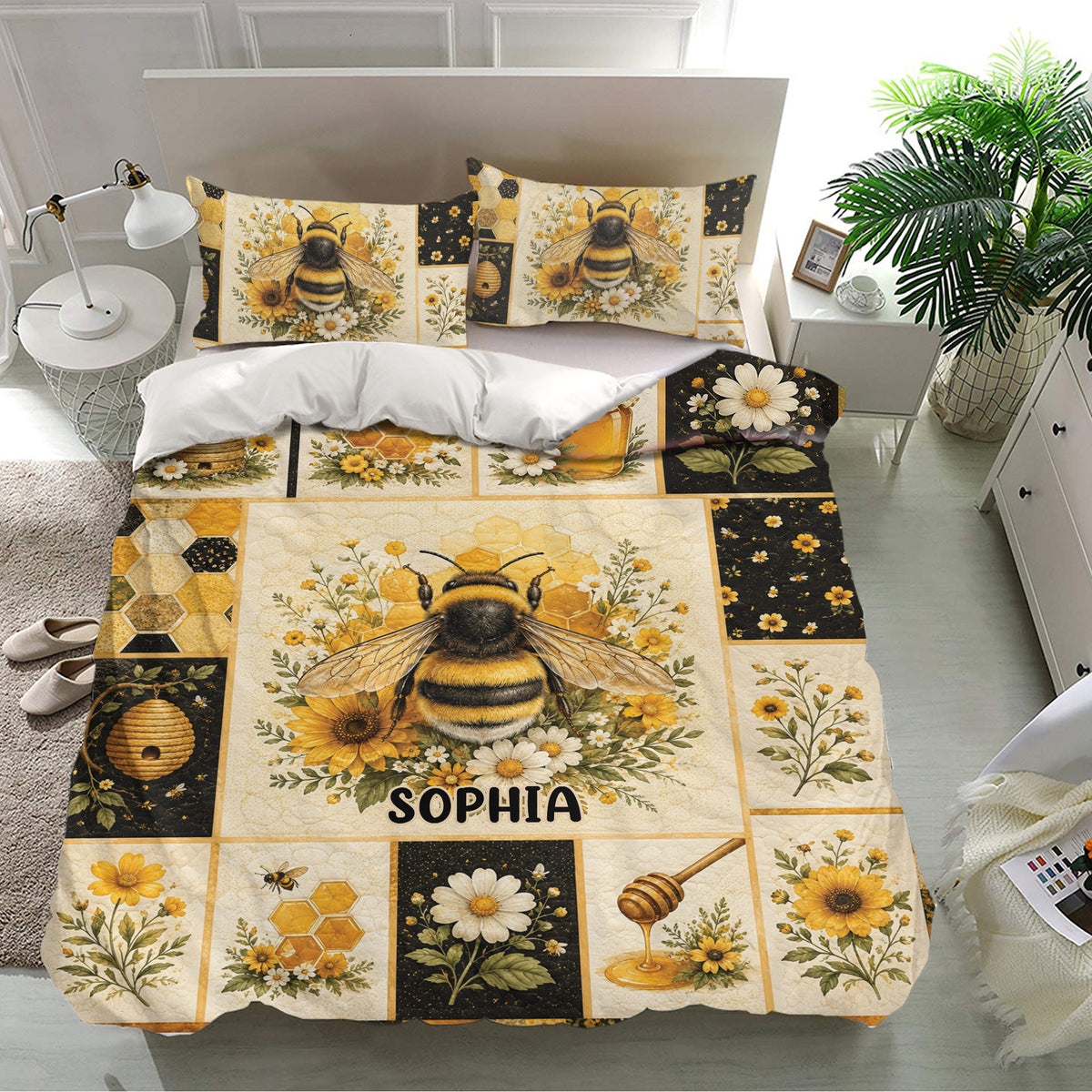 Bee bedding set in a bright bedroom featuring large bees, sunflowers, daisies, honey, and beehive illustrations