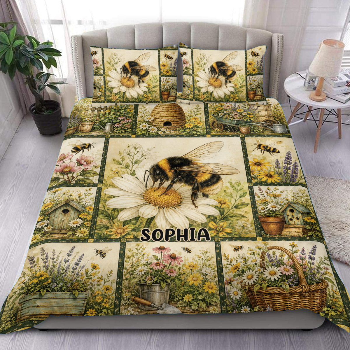 Bee duvet cover set displayed on a bed with daisies, wildflowers, birdhouses, and a beehive garden collage