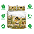Bee garden duvet cover set with matching pillowcases shown with soft, breathable, washable, and colorfast icons