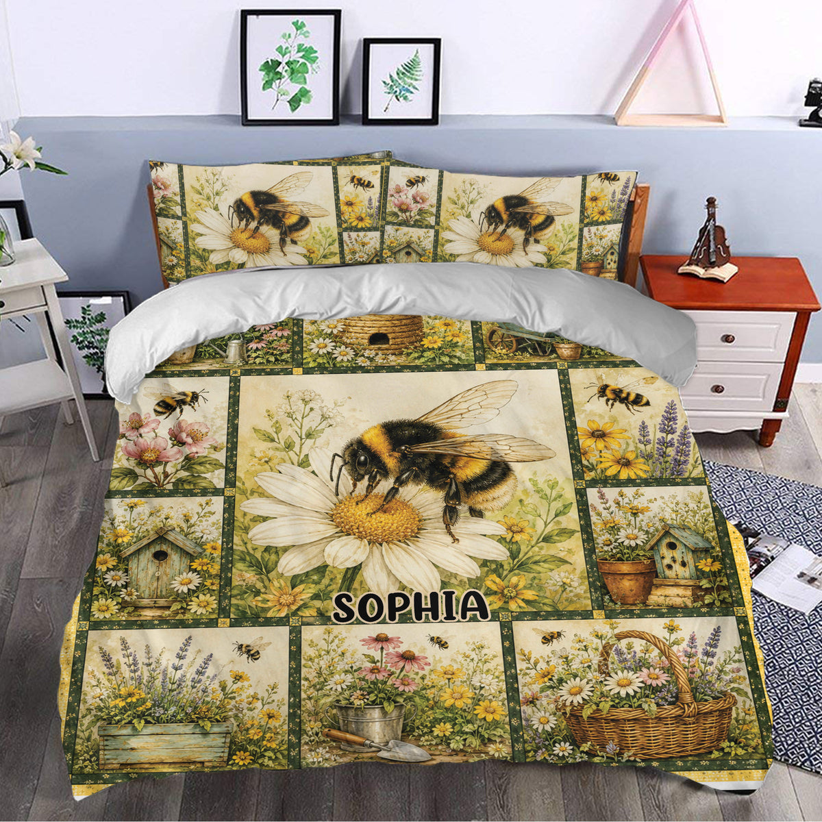 Bee bedding set styled in a bedroom with large bees, daisies, birdhouses, and colorful garden scenes