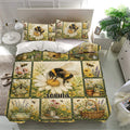 Bee duvet cover bedding set in a bright bedroom with floral panels, garden tools, planters, and honeycomb imagery