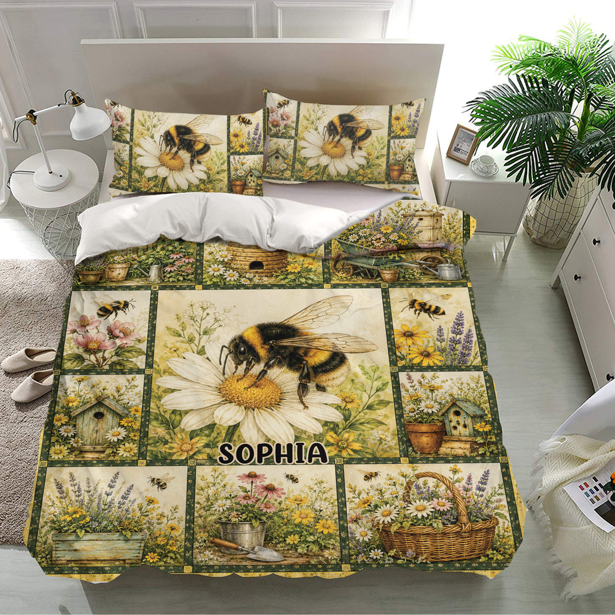 Bee duvet cover bedding set in a bright bedroom with floral panels, garden tools, planters, and honeycomb imagery